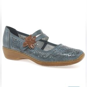 Rieker Women's Blue Mary Janes with Brown Floral Detail